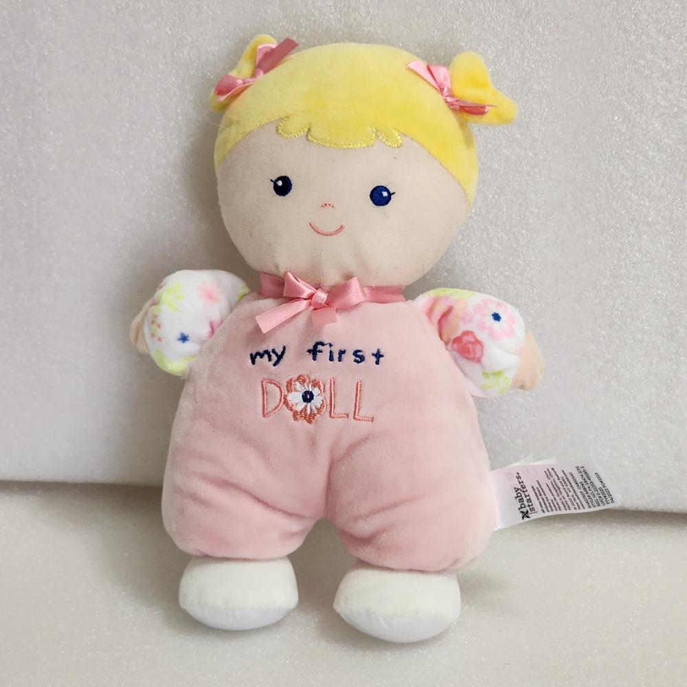 Baby Starters My First Doll Blonde Hair Blue Eyes Pink Bow Plush Rattle Toy 10"